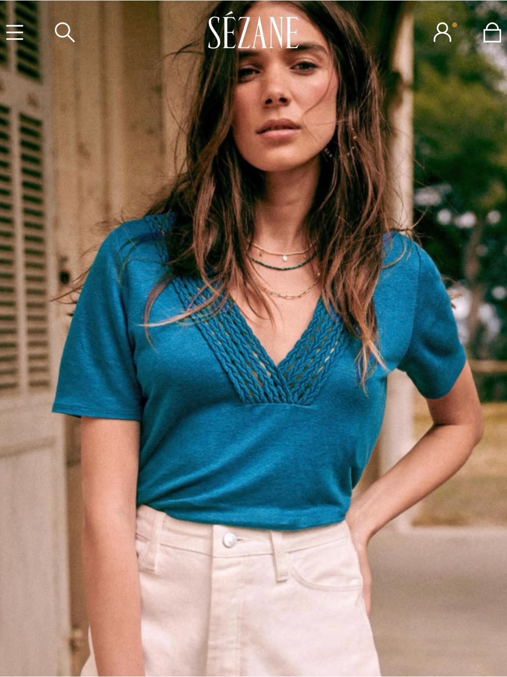 Sezane France Miranda 100% Linen Teal Blue V-Neck T-Shirt